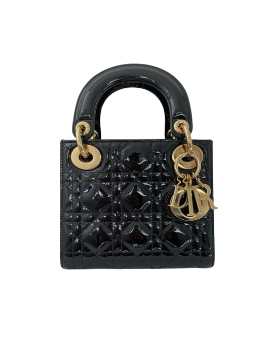 Christian Dior Lady Dior Micro Bag in Black Patent Cannage Leather