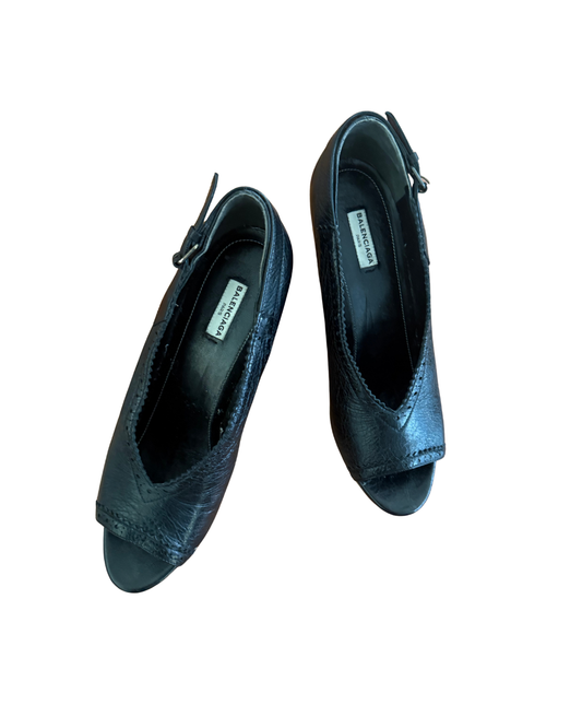 Vintage Balenciaga Black Leather Peep-Toe Wedge Sandals 41