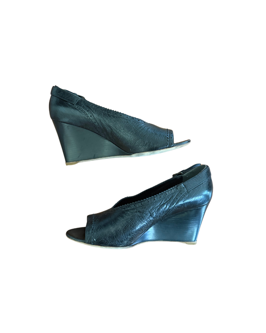 Vintage Balenciaga Black Leather Peep-Toe Wedge Sandals 41
