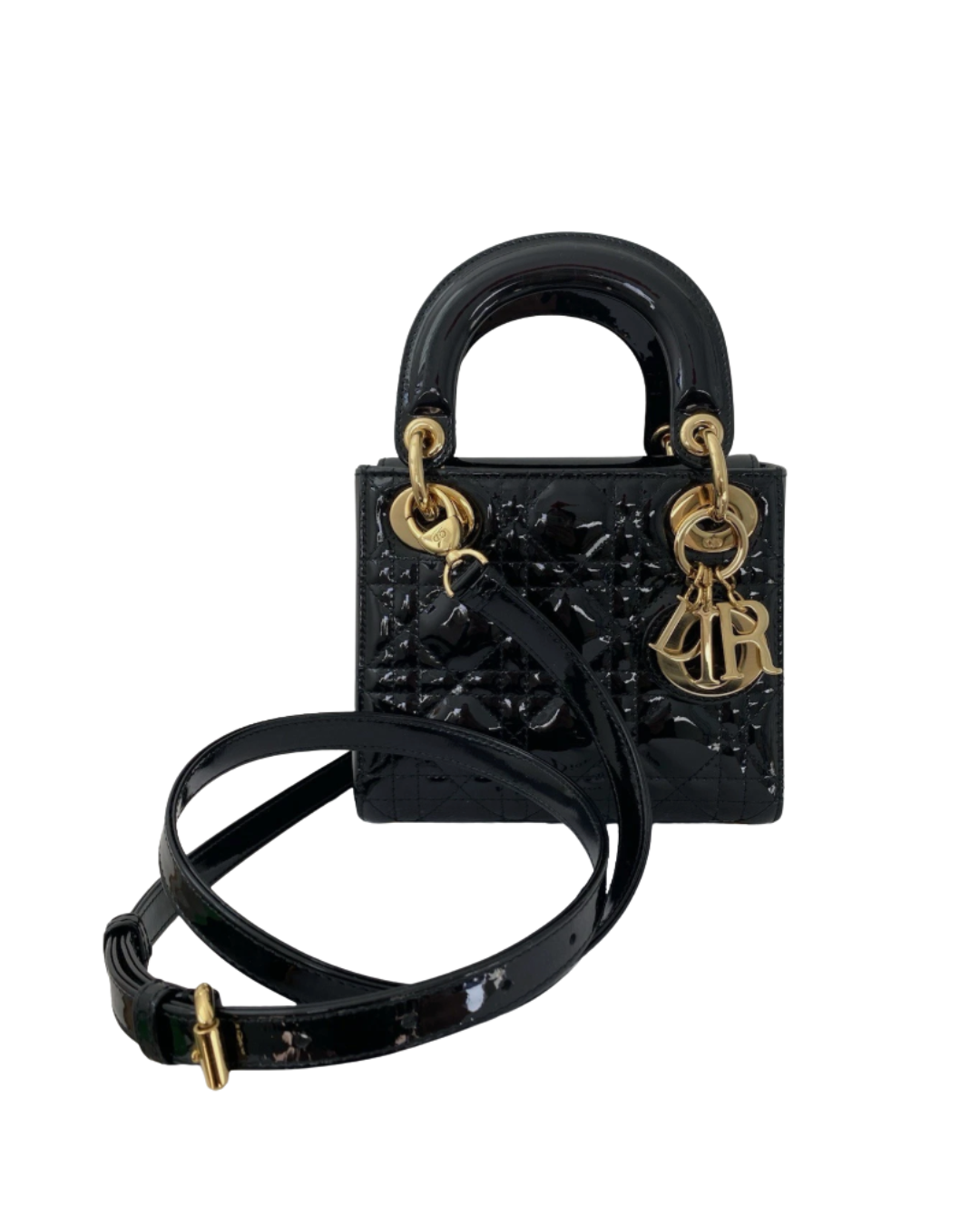 Christian Dior Lady Dior Micro Bag in Black Patent Cannage Leather