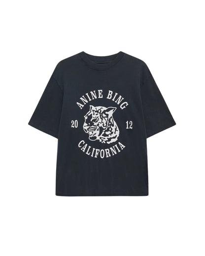 Black t-shirt with white graphic and text on a white background