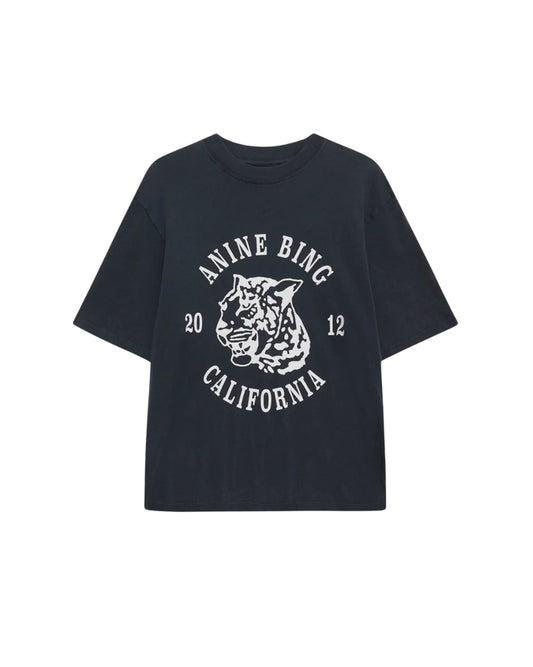 Black t-shirt with white graphic and text on a white background