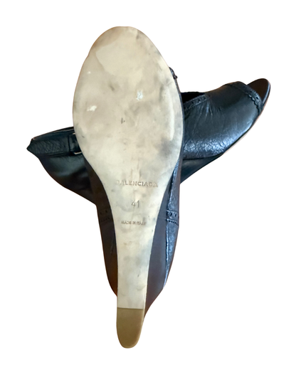 Vintage Balenciaga Black Leather Peep-Toe Wedge Sandals 41